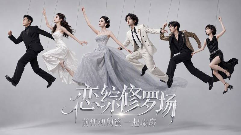 Six cast members in formal wear suspended mid-stride on wires against a pale grey studio backdrop.