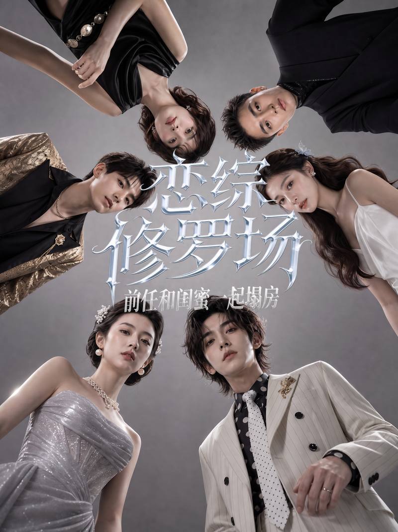 Six cast members in evening dress, shot from below and arranged in a ring against a grey studio backdrop.