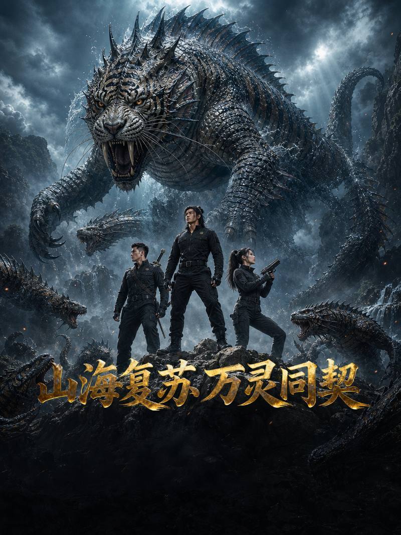 Three figures in black tactical uniforms stand on dark rock beneath an enormous scaled beast under a storm sky.