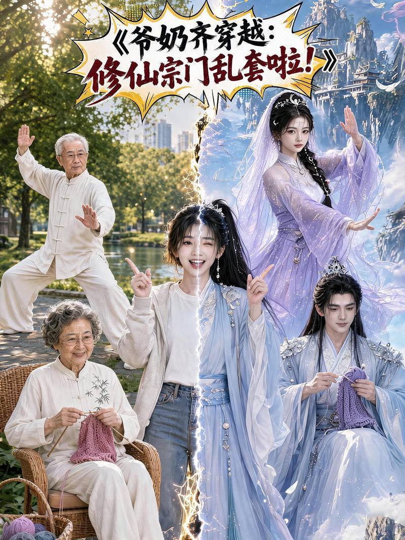 An elderly couple in a sunlit park on one side and the same pair as robed immortals in a floating mountain realm on the other, split by a bright seam.